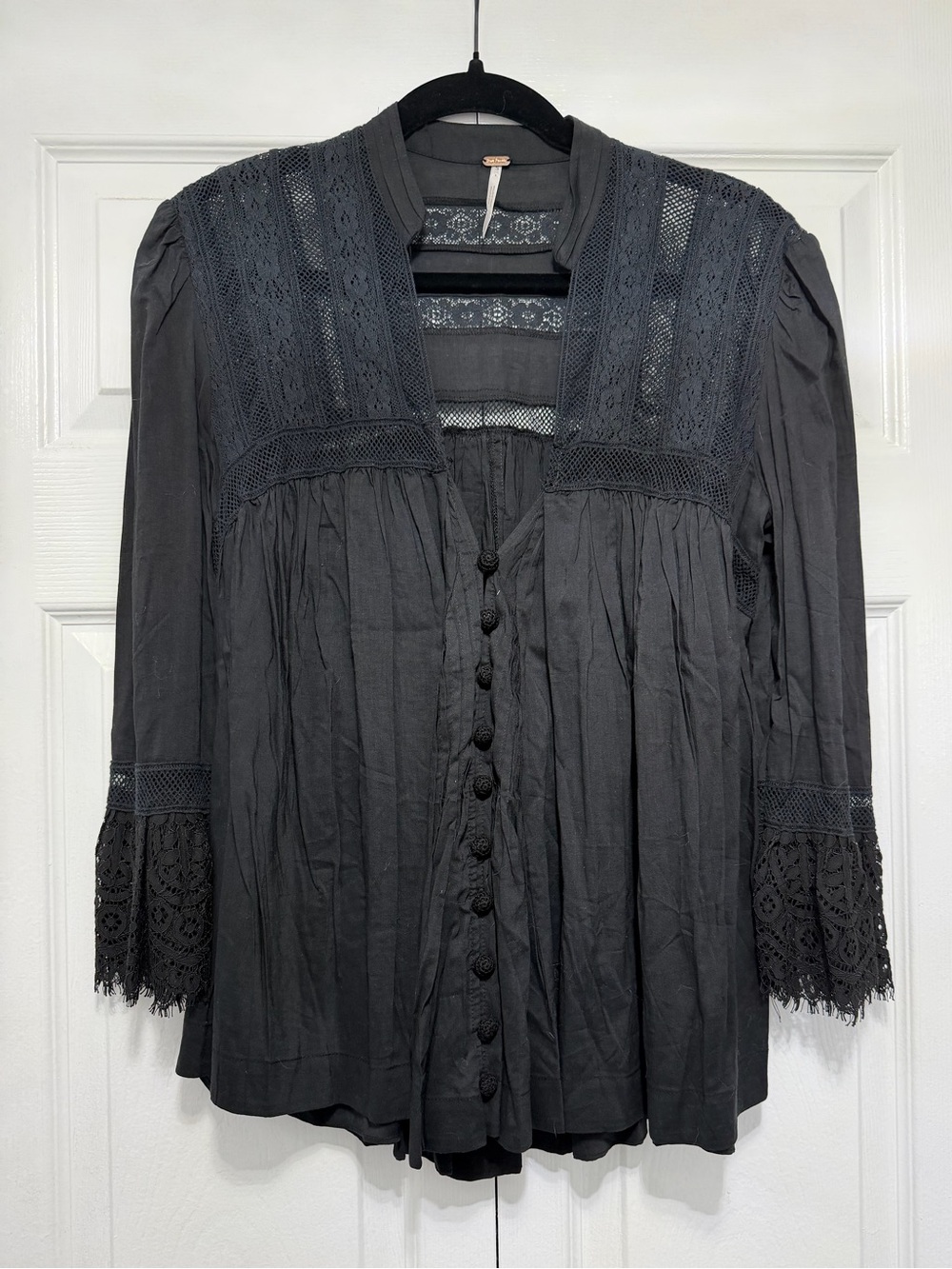 Free People Boho Lace-Trim Peasant Blouse - Black